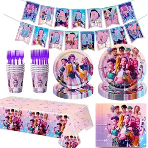 A set of pink birthday party supplies prepared by the popular fashion hunting girl band for fans, including banners, plates, cups, tablecloths, and napkins, perfect for decorating girl themed birthday parties