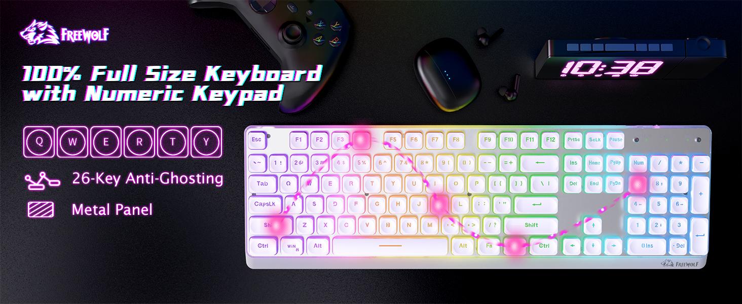 Free wolf M104 Wireless Gaming Keyboard with Numeric Keypad, New keyboard Tri-Mode(2.4Ghz/Wired/Bluetooth) Membrane Full Size Mechanical Feel Metal Panel RGB 4000MAH Rechargeable Quiet Waterproof for PC/MAC/Win Gamer-Black Free wolf M104 Wireless Gaming Keyboard with Numeric Keypad, New keyboard Tri-Mode(2.4Ghz/Wired/Bluetooth) Membrane Full Size Mechanical Feel Metal Panel RGB 4000MAH Rechargeable Quiet Waterproof for PC/MAC/Win Gamer-Black