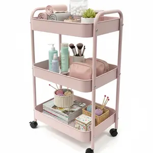 3-Tier Rolling Storage Cart - Rust-Resistant Carbon Steel Utility Cart with Lockable Wheels, Handle, 4 Hooks - Sturdy, Space-Saving, Stylish for Nurseries, Kitchens, Supply Restocking, Temporary Storage