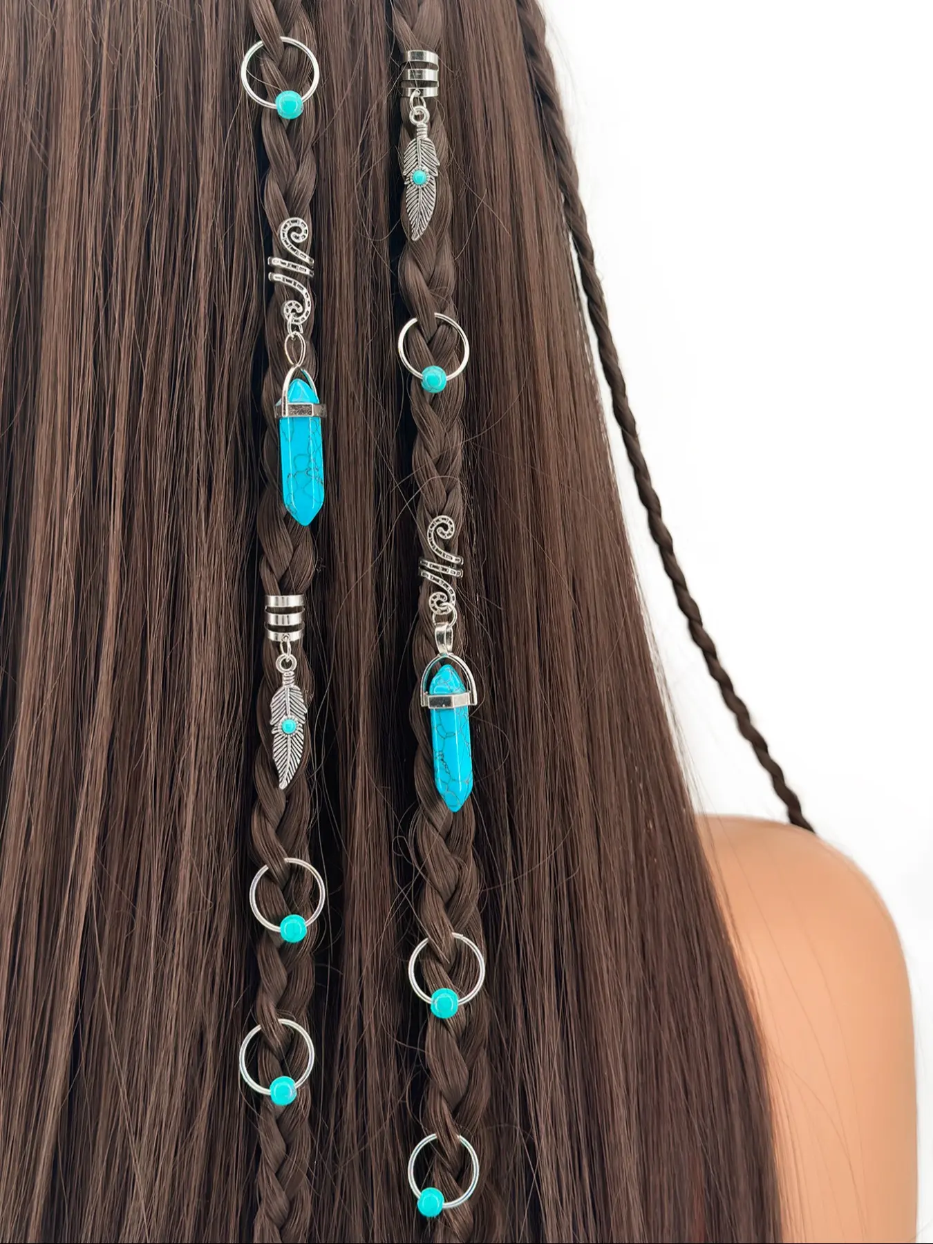 Boho Bohemian Style Aesthetic Geometric Pattern Turquoise Hair Jewelry Set, 10pcs Alloy Material Accessory Fit for Braids, Dreads & Dreadlocks, Adjustable Rings & Cuffs for Men & Women