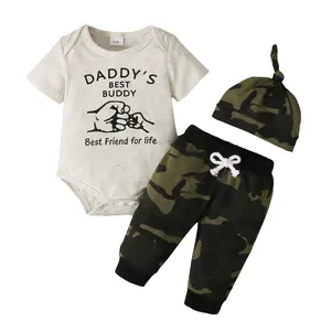 Ready Stock 0-18M Baby Boys Clothes Letter Short Sleeve Romper Camouflage Shorts Hat 3Pcs Outfits Set Apricot 222020005