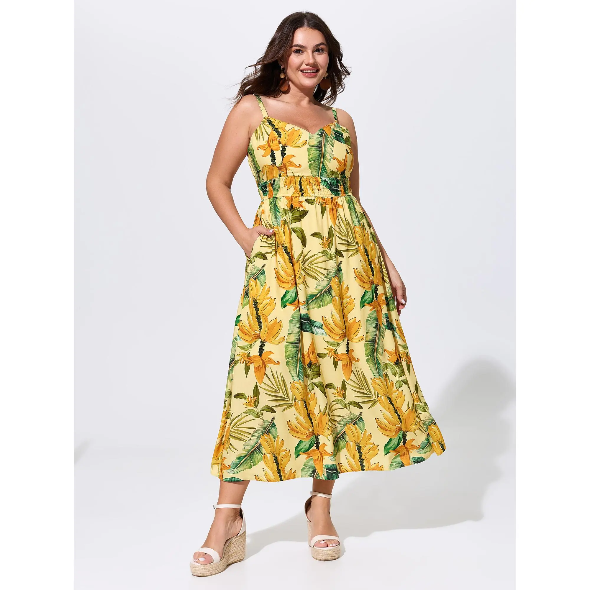 BloomChic Plus Size Tropical Rayon Maxi Dress, Sleeveless Summer Resort Wear with Smocked Bodice and Pockets, Casual Wear, Plus Size Fashion, Cold Wash, Tropical Print, Do Not Tumble Dry, Women, Smooth, Garment, Fabric, Tropical Clothing