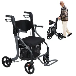 Explorinox Walkers for Seniors 8" Big Rubber Wheels All Road Rollator Walker with Seat Foldable Height Adjustable Rolling Walker Lightweight Aluminum Alloy Adult Walking Aid Equipment Healthcare - Tool, Stick