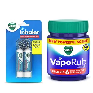 Vicks Vaporub Relief Cold Cough Headache Body Ache 1.76oz/50ml 1-pack & Vicks 0.02oz/0.5ml Each Travel Size Inhaler 2 ct Value Pack