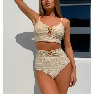 2026 Beige Ruffled High-Waisted Bikini Set With Shell Decor Soft Elastane Fabric High Stretch Plain Pattern tiktokshopspringglowup