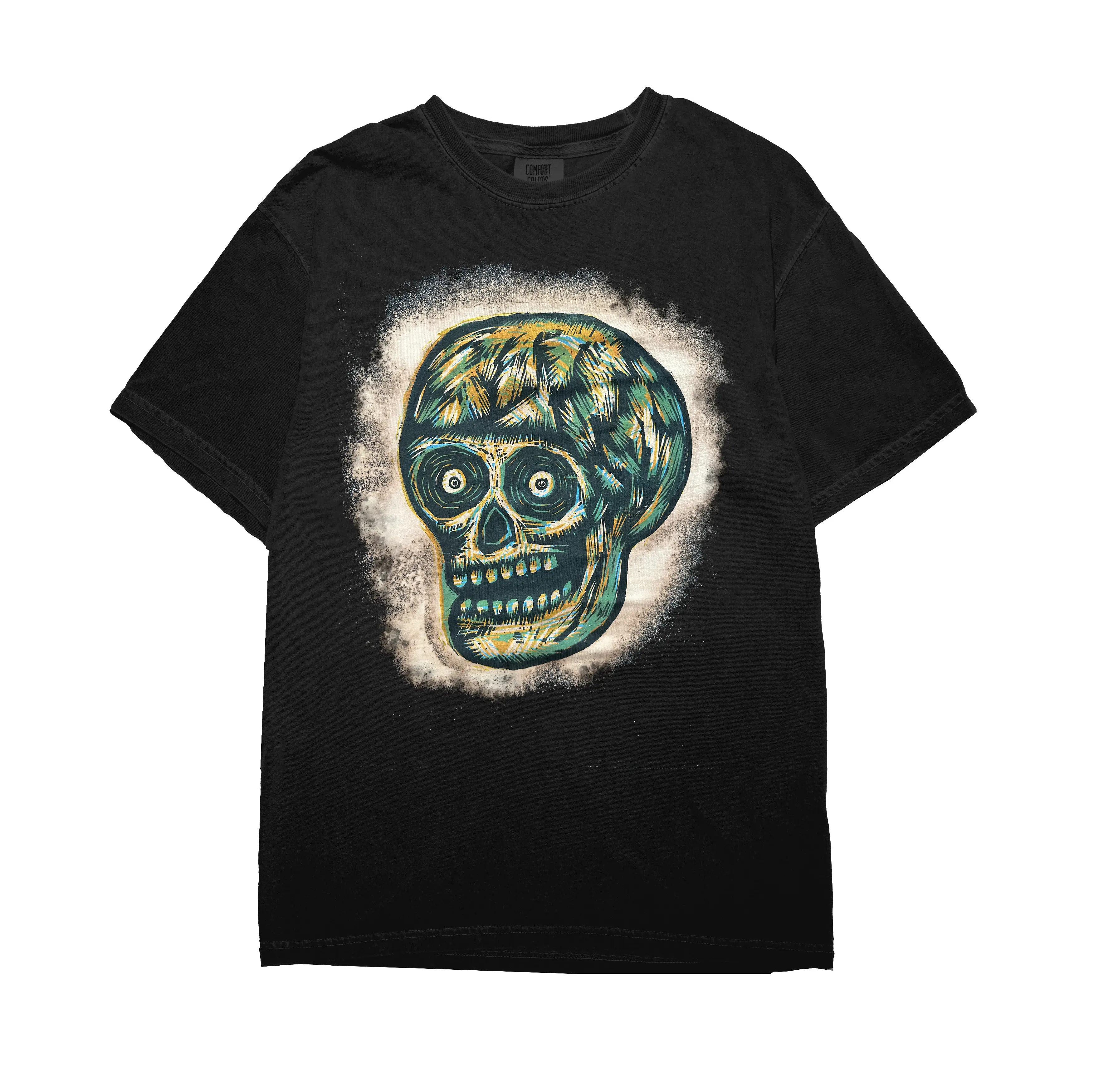 Space Dust Disaster Woodblock Hand-Printed T-Shirt Cotton Menswear Top Black Skull Design Shortsleeve - Canvas