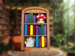 Book Shelf Fidget Clicker Mushroom Crystals 3D Printed with Colorful Books and Adorable Characters for Kids