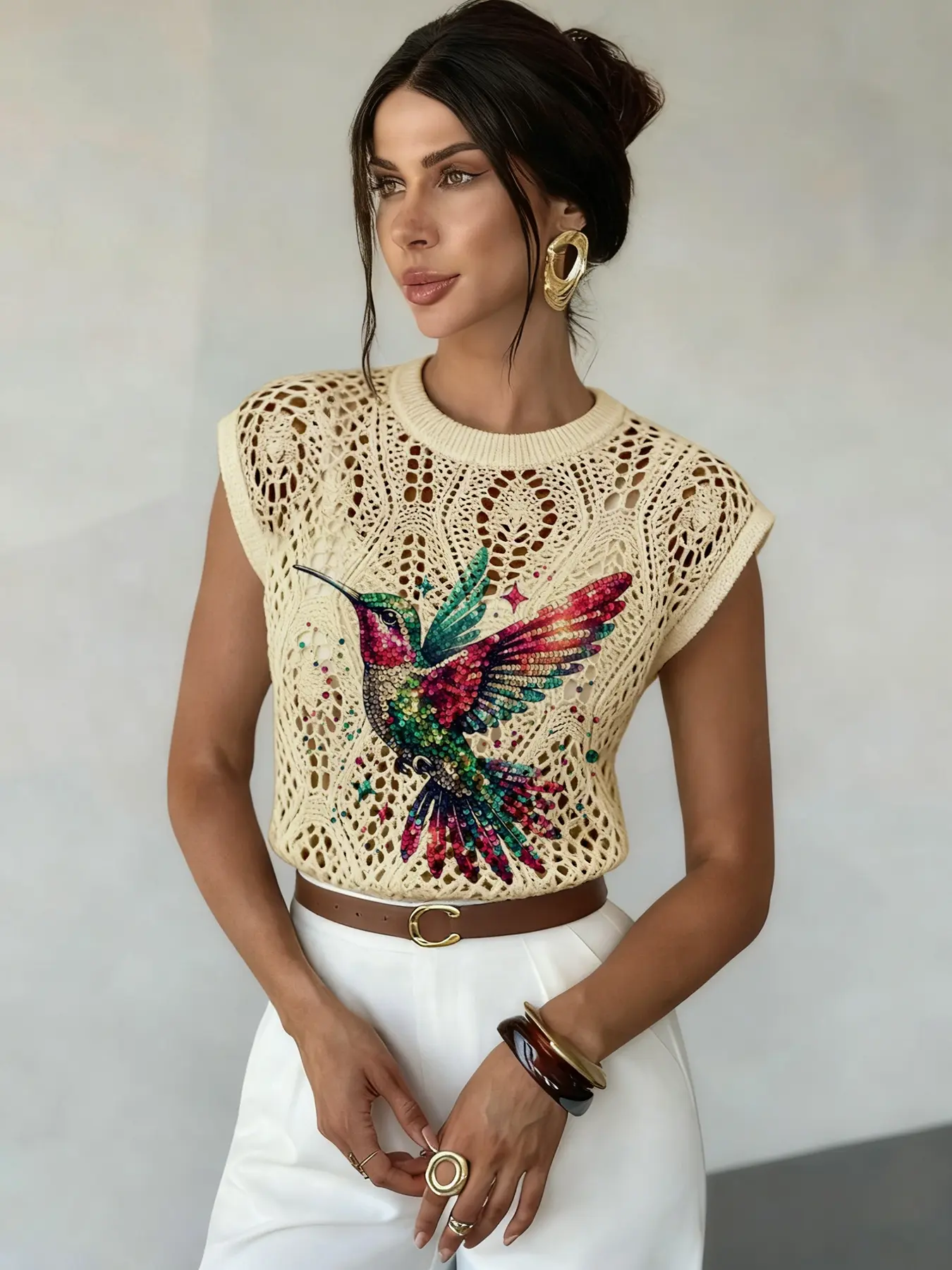 Women's Colorful Hummingbird Print Hollow Out Round Neck Sleeveless Sweater Vest, Casual Knit Top, Comfortable Breathable Versatile Clothing Womenswear Knitted Vest Top