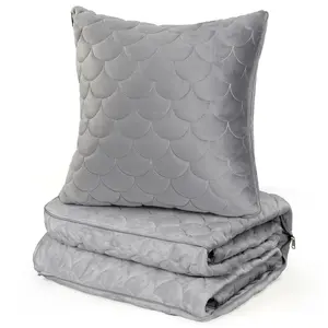 2 in 1 Quilted Velvet Travel Pillow Blanket, 15 Inch Scale Embossed Convertible Throw Pillow, Foldable Portable Soft Cushion Blanket for Sofa Car Office Airplane Home Decor