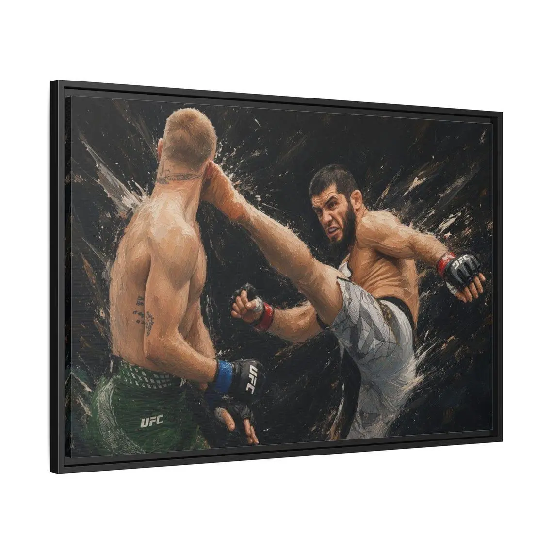 Islam Makhachev vs Ian Garry High Head Kick Canvas Artwork Poster, UFC Champion Knockout Poster for Man Cave, Home Gym, or Sports Decor