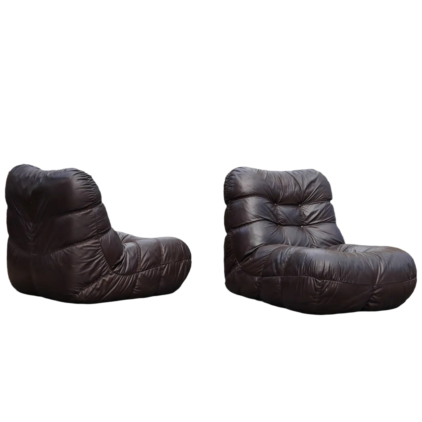 Pair of Italian Low Tufted Black Leather Lounge Chairs
