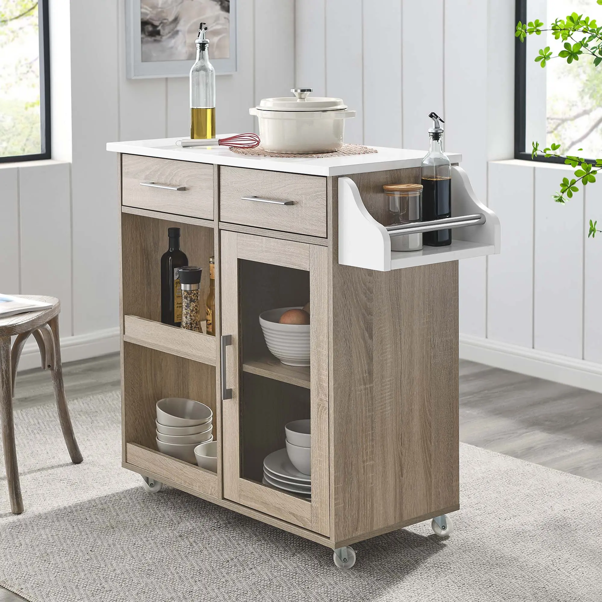 Modway Culinary Kitchen Cart With Spice Rack in Oak White
