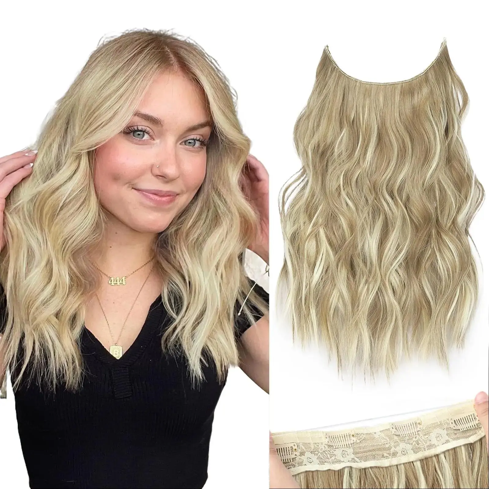 AISI HAIR Heat Resistant Hairpiece - 16in Wavy Invisible Hair Extensions with Clip-Ins, Adjustable Transparent Wire & 4 Secure Clips for Everyday Natural Look