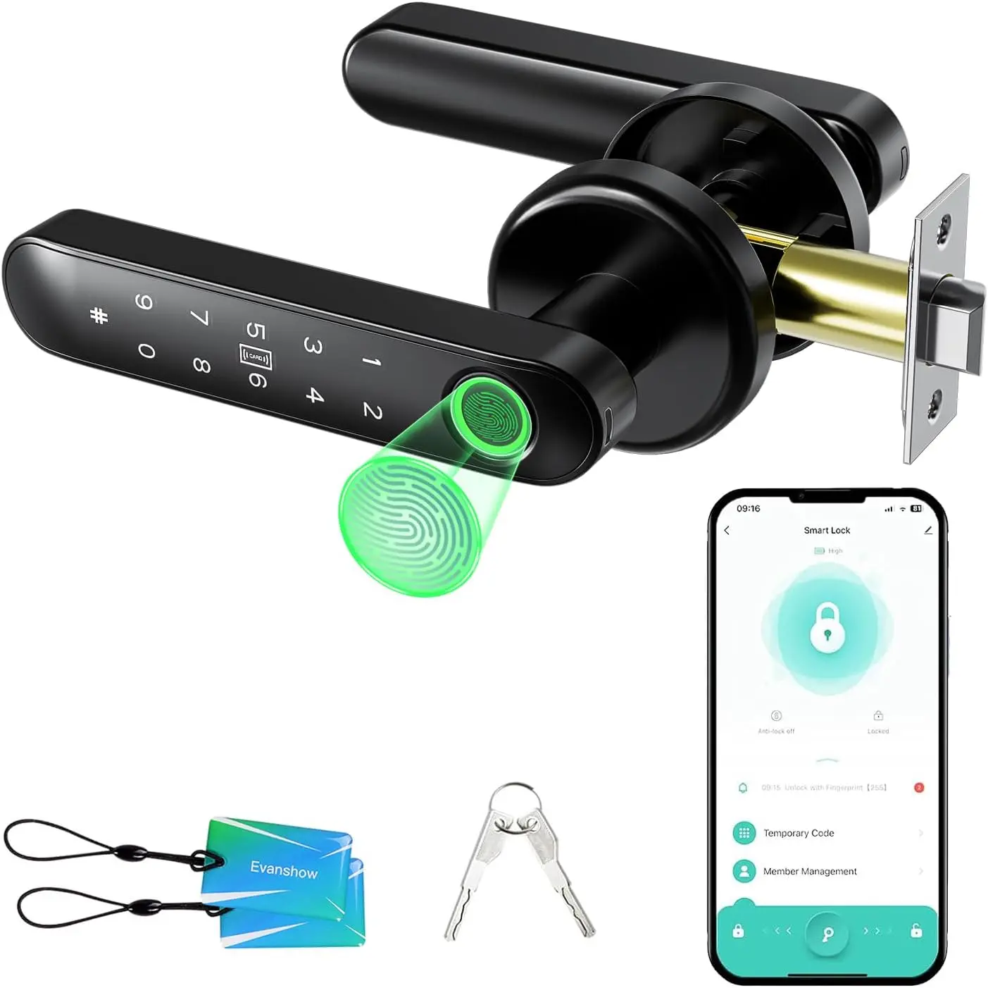 Evanshow Fingerprint Door Lock Biometric Door Knob with Keypad Keyless Entry, 5-in-1 Door Locks for Bedrooms(Fingerprint/App/Code/Key/IC Card), Home Hotel Office Apartment Black anti-peeping password smart fast sensor handle exterior touchscreen digital