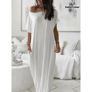 Women's Solid Color - Slightly Stretchy Polyester Fabric Fashion Design Large Round Neck Loose Pocket Short-Sleeve Long Nightgown. Home Dress