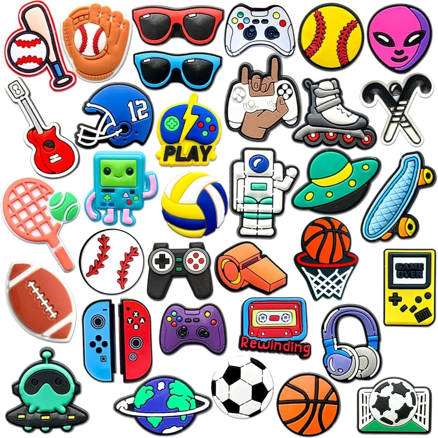 35 Pcs Sports & Gaming Shoe Charms Set - Soccer, Basketball, Video Game & Astronaut Pins - DIY Shoe Accessories for Sandals, Slides & Party Favors for Boys