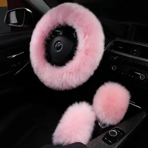 3Pcs Set Fashion Fluffy Fuzzy Wool Fur Soft Car Steering Wheel Cover with Handbrake Cover & Gear Shift Cover for Women Girls Ladies Auto Long Wool Accessories Pink
