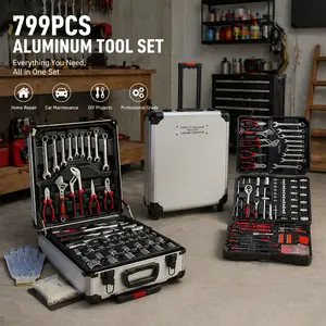 799PCS Rolling Tool Kit, Aluminum Trolley Case Tool Set for Men,  General Household Tool Kit with 4-Drawer for Home Repair, Car, Garage, Maintenance, Auto Repair Toolbox with Wheel