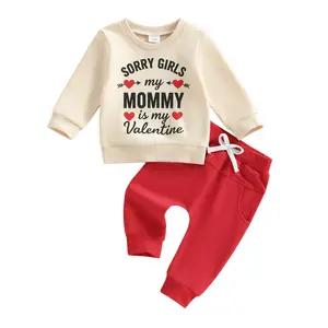 Toddler Boy Valentine's Day Outfit Heart Letter Long Sleeve Sweatshirt Solid Joggers 2 Piece Set Cute Valentine Clothes Baby Boy Spring Casual Wear My First Valentine Clothing Gift