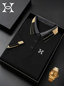 New stylish men's Casual polo shirt, geometric interwoven letter H print design, suitable for golf, fishing, daily war, stretchy, breathable, comfortable, durable premium short sleeve top for fitness, leisure, and walki
