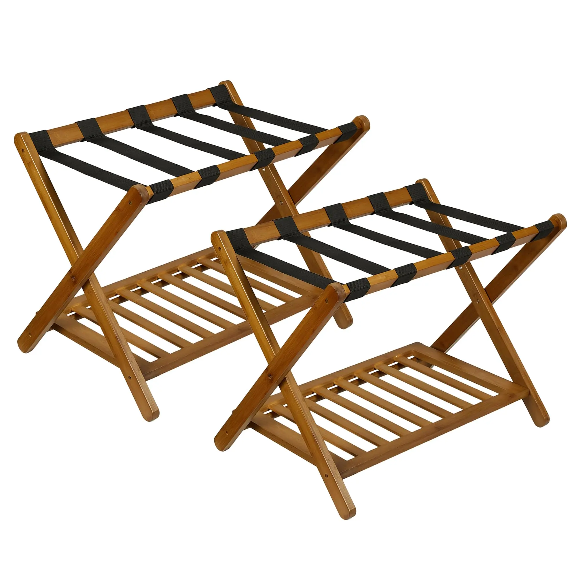 Garvee Premium Bamboo Folding Luggage Rack with Storage Shelf and Durable Nylon Straps, Supports Up to 150 lbs, Fits Most Luggage Sizes, Ideal for Bedrooms, Living Rooms, Guest Rooms, and Hotels, Available in Walnut, White, and Brown