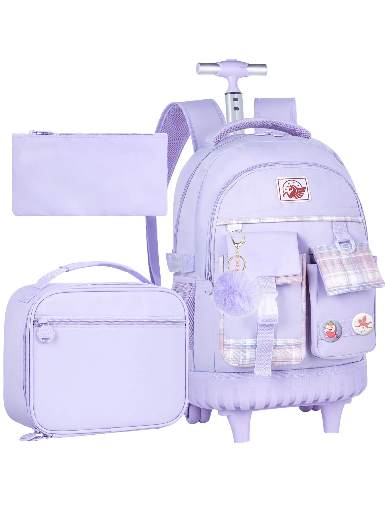 Rolling Backpack for Girls, 21" Women Roller Wheels Bookbag, Laptop Wheeled Suitcase School Backpacks with Lunch Bag for Teens, Fluffy Backpack Set, Cute Stylish Daypacks