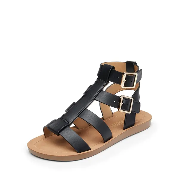 Dream Pairs Women's Synthetic Vegan Leather Gladiator Sandals, Open Toe Flat Heels with a Cushioned Footbed and Adjustable Multiple Straps, Footwear, Everyday Wear