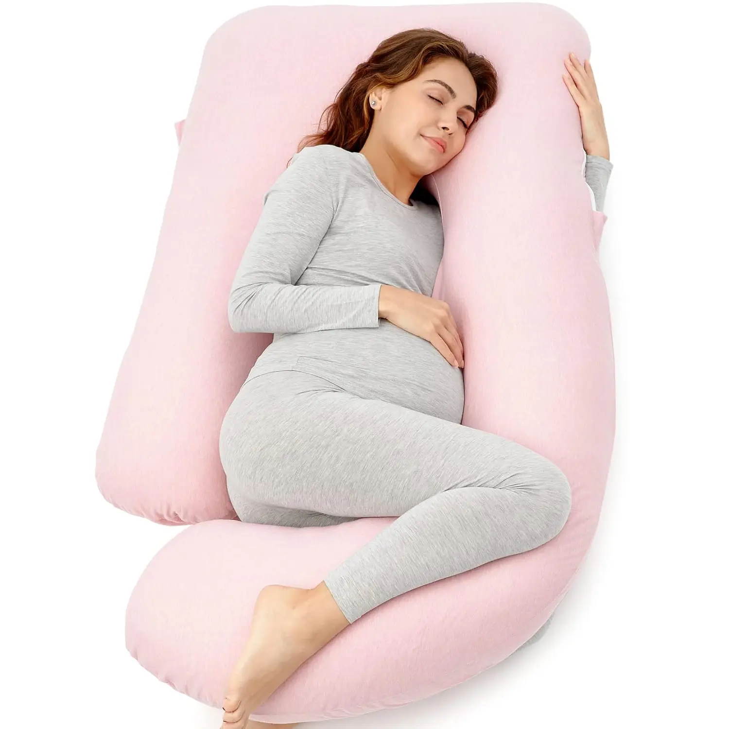 U-Shaped Maternity Pregnancy Pillow with Removable Washable Silk Cover - Ergonomically Designed Maternity Supplies, Cotton Jersey, Unisex Nursing Sleep Aid for Camping Sleeping Gear (Leg, Back, Neck, Shoulder, Hip, Belly, Baby Bump Support), Adjustable
