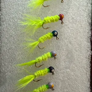 Chartreuse jigs used for perch and bluegill fishing through the ice fantastic