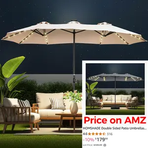 [2026 Upgrade] 13/ft15ft Solar LED Double-Sided Patio Umbrella with Base, UPF 50+ UV Protection Large Rectangular Outdoor Umbrella with Crank for Garden Deck Poolside