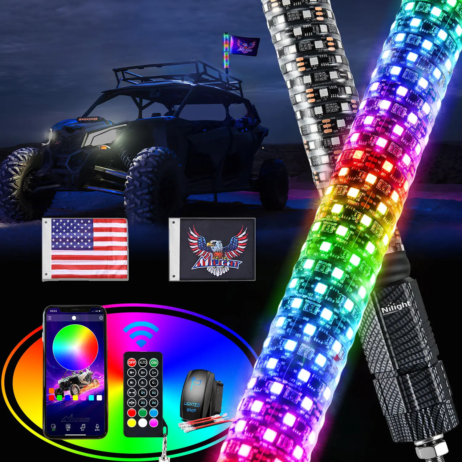 Nilight Sturdy 1Pc 2FT Spiral Antenna LED Fat Whip Light for ATV-UTV Side by Side, 1.8In Luminous Bulbs, 360° Direction, High-Brightness, Bluetooth Remote-App Control, Music Sync, Colorful RGB Colors Adjustable Novelty LED Light, Colorful Lights