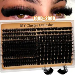 Fluffiest Lash Clusters 100D+200D/80D+00D Mega Thick Lashes Clusters 8-16mm Wispy Individual Thick Volume Lashes Cluster Eyelash Extensions DIY Lash Extension at Home