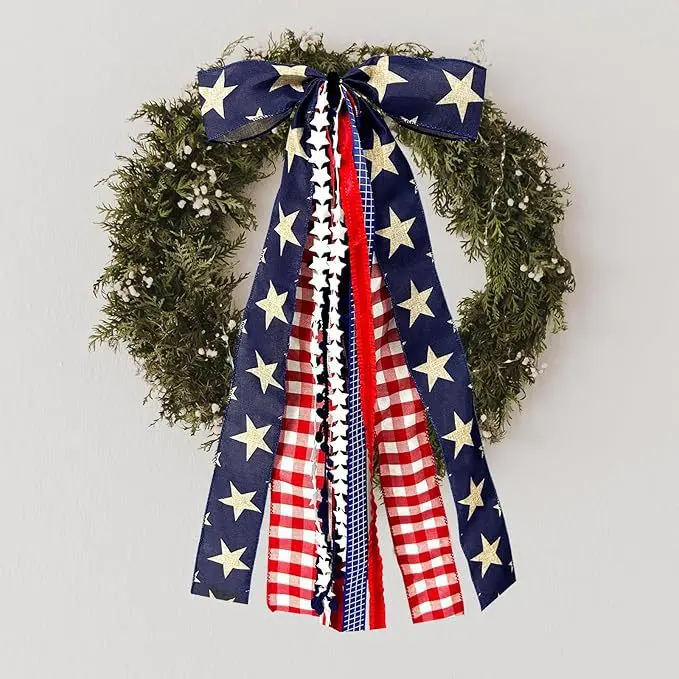 Independence Day bow decoration, American holiday party decoration, star and plaid hanging ornaments