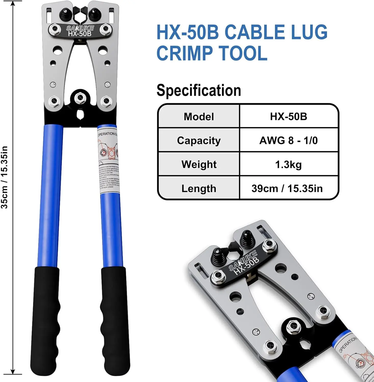 SUNRISE HX-50B Cable Lug Crimp Tool AWG 8-1/0 Copper Lugs Industrial Ratchet Tool for DIY Car Audio Solar Install 39cm Length