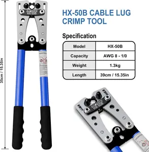 SUNRISE HX-50B Cable Lug Crimp Tool AWG 8-1/0 Copper Lugs Industrial Ratchet Tool for DIY Car Audio Solar Install 39cm Length