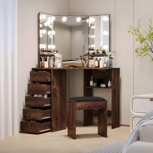 Corner Vanity and Stool - Corner Vanity Desk with Mirror and Lights - Corner Makeup Vanity with Power Outlet - 3 Color and Brightness Adjustable Light - Makeup Vanity for Girls and Women - Brown