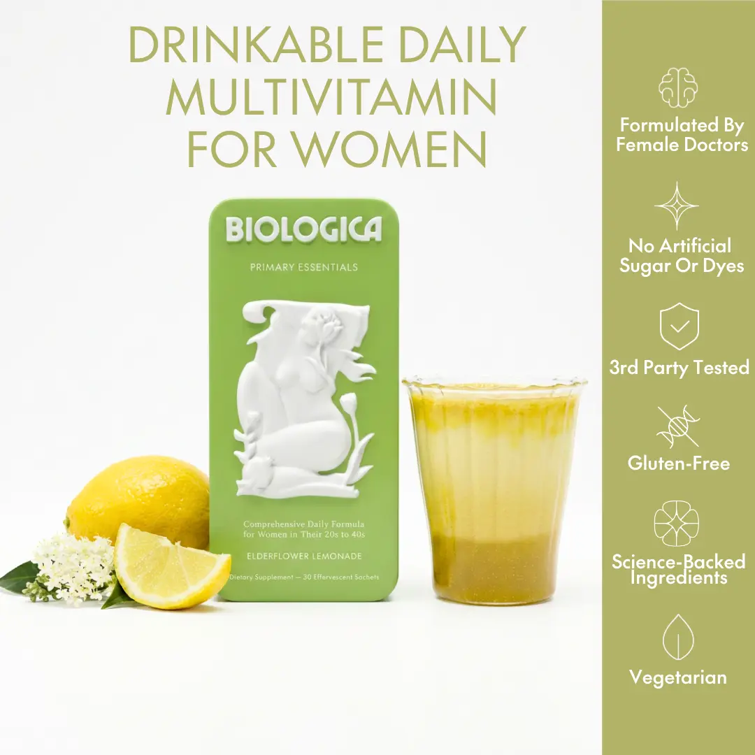 Women's Daily Multivitamin Effervescent Drink Mix – Biologica Primary Essentials, 30 Servings with Chasteberry, Saffron & Pomegranate for PMS, Mood & Skin Support, Iron + Probiotics, Ages 18-45 | womens multivitamin | PMS supplement | hormone balance