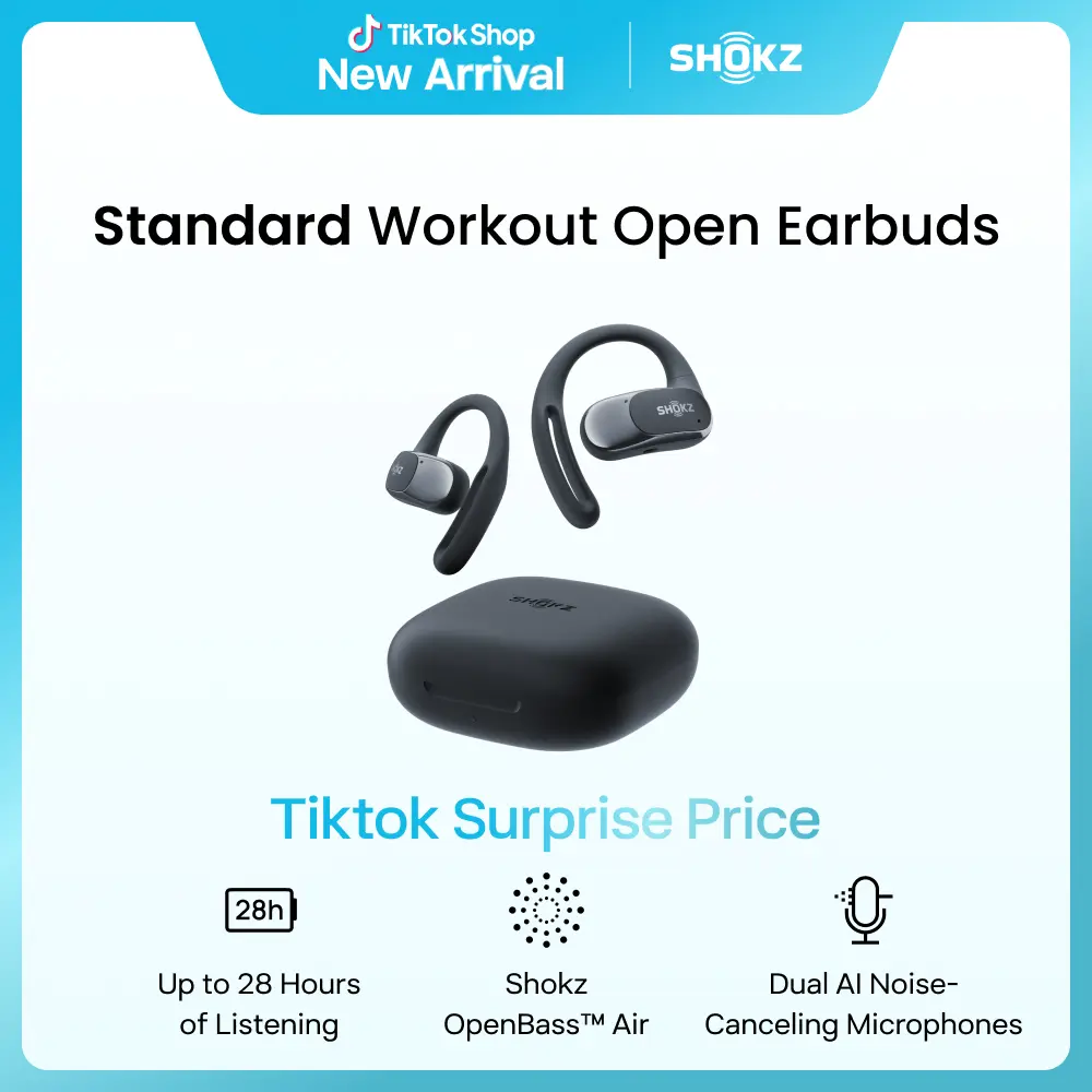 SHOKZ OpenFit Air - Open-Ear Headphones, True Wireless Earbuds, Water Resistant, Comfortable, Secure Earhooks for Daily Use Black