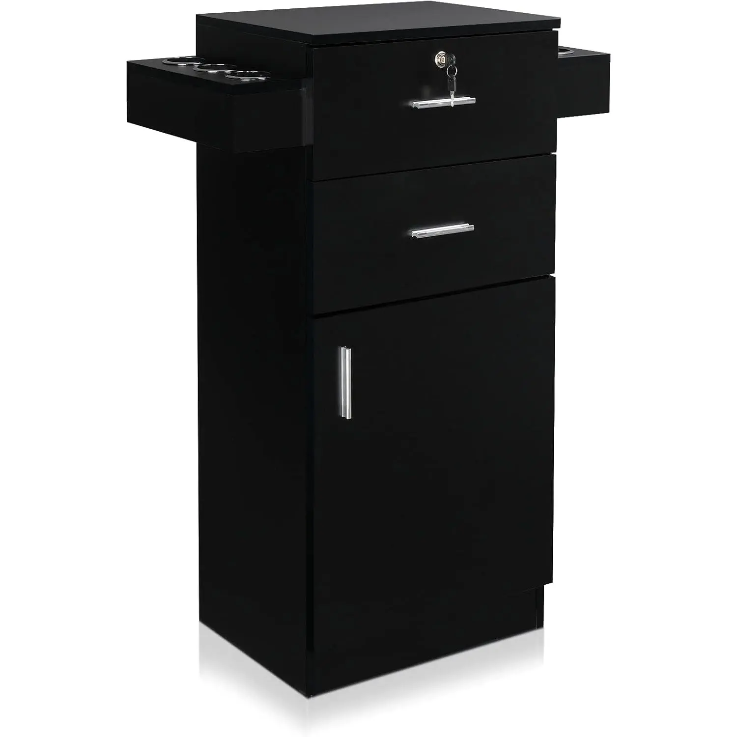 OmySalon Salon Stations for Hair Stylist, Beauty Salon Storage Cabinet, Hair Styling Equipement Set with a Large Storage Cabinet, 2 Drawers and 6 Hair Dryer Holders, Black
