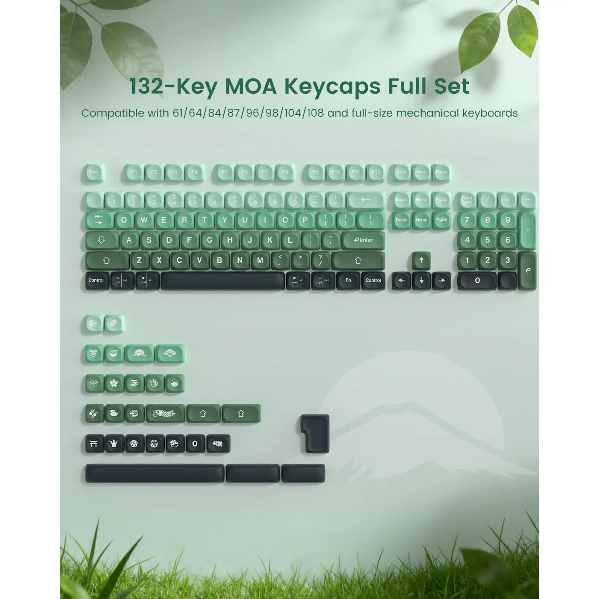 Matcha Gradient PBT Keycaps, MOA Profile Cute Custom Keyboard Keycaps Janese Style 5 Side Dye Sublimation, 132 Keys Set for 60% 65% 75% 80% 100% Cherry Gateron MX Mechanical Keyboard