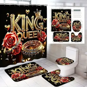 4pcs Luxurious King & Queen Bathroom Decor Set - Elegant Black Shower Curtain with Jeweled Gold Crown & Rhinestone Accents, Red Velvet Roses, Heart Shapes, Soft Glow Fairy Lights, Matching Bath Mat & Toilet Accessories for a Romantic Space