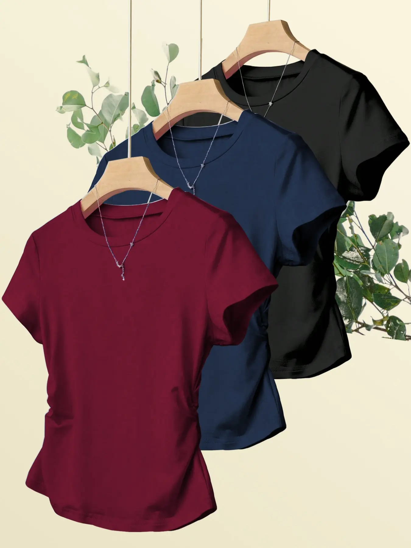 3-Pack Women's Basic Solid Color Round Neck Short Sleeve T-Shirts, Slim-Fit Casual Tops, All-Season Wear, Casual Trendy Tee