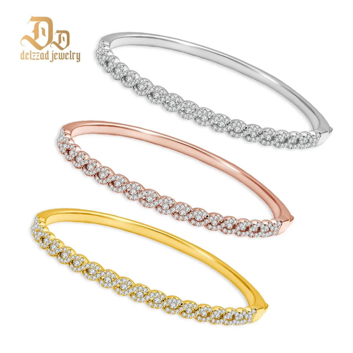 Delzzad 14K Gold-Plated Trinity Ripple Bangle Bracelet Stackable Wedding Bangle Synthetic Moissanite Bracelet Jewelry Copper Perfect Birthday Engagement Wedding Anniversary Christmas Gifts