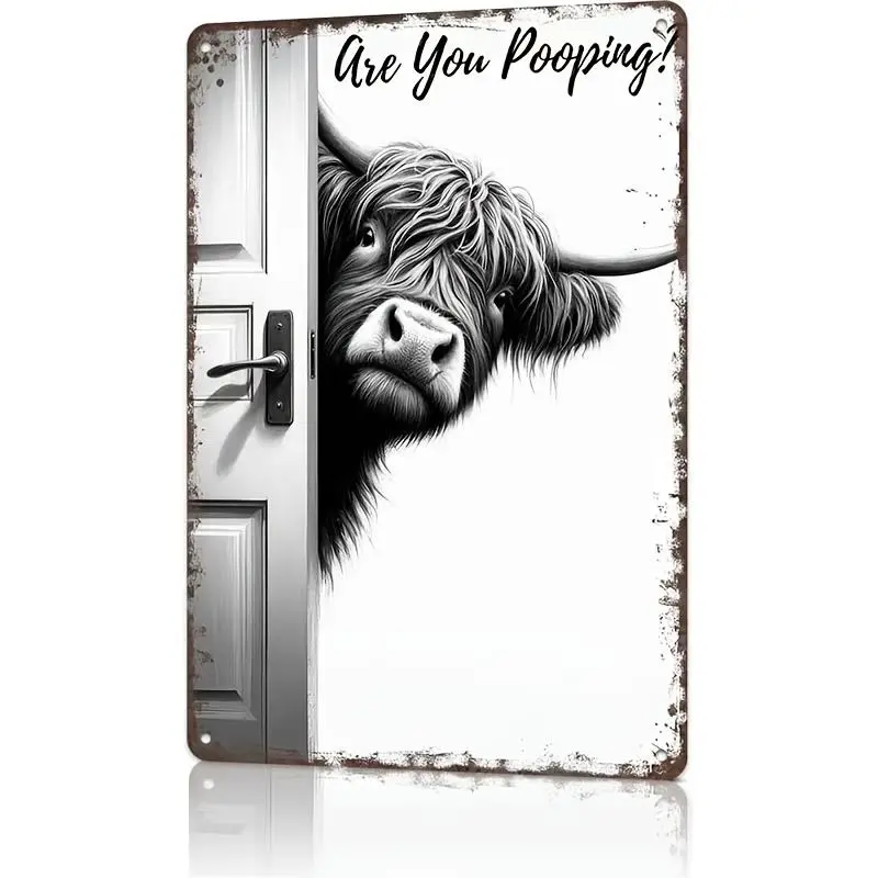 2D Flat,1pc 8*12in Aluminum "Are You Pooping!" Humorous Highland Cow Metal Sign. Featuring a Highland Cow Peeking Through Door, Suitable for Bathroom, Farmhouse, Man Cave. Fun Gift for Cow Lovers & Bathroom Humor Enthusiasts