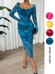 Women's All Over Print Bodycon Dress, Elegant Long Sleeve Long Dress for Party Holiday Wedding Guest, Ladies Clothes for Summer, Womenswear