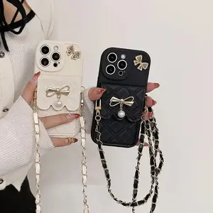 3D Bowknot Crossbody Card Holder Wallet Phone Case For IPhone 17 Pro Max 16 15 14 Plus 13 12 Samsung S25 S24 S23 S22 - Wristband Lanyard Case Shockproof Protector Casing