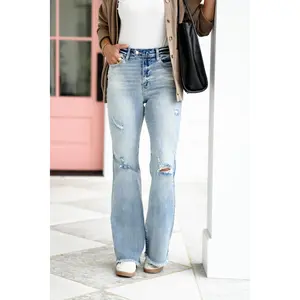 Judy Blue High Tide High Rise Light Wash Distressed Flare Jeans with Shield Pockets