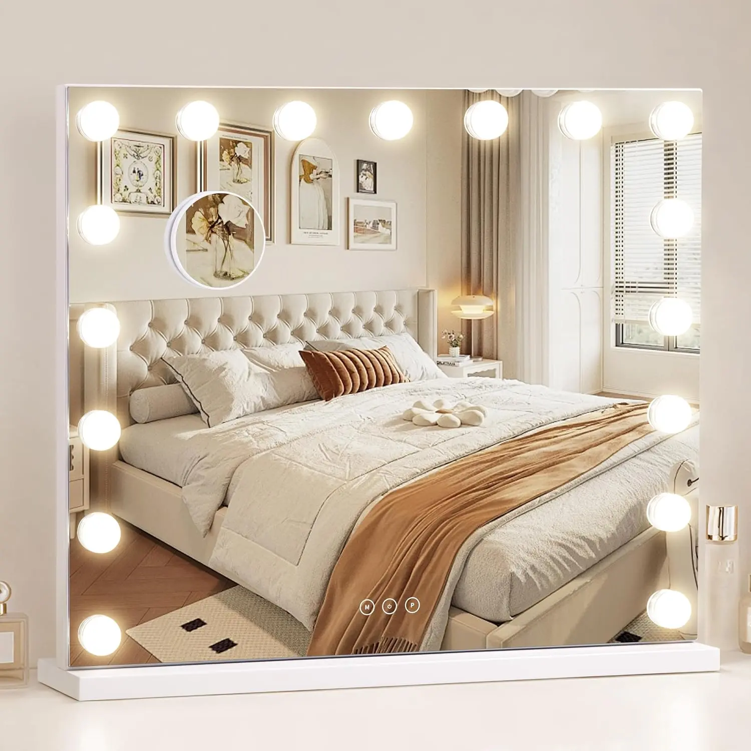 Vanity Mirror with Lights,Makeup Mirror with 17 Dimmable LED Bulbs, 3 Color Lighting Modes Detachable 10X Magnification Mirror Touch Control, 23.6X19,7 Inch, White NUSVAN
