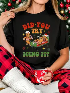 100% Cotton Women T-shirt  Women Christmas T-shirt Retro ICU Nurse Christmas Gingerbread Did You Try Icing It T-Shirt Print Round Neck Short Sleeve T-Shirt For Women Casual, Summer, Women Top Graphic Tees Women Tops