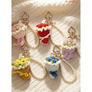 Bohemian Crochet Rose Bouquet Pendant Keychain Handmade Craft Ornament Unique Decorative Accessory For Daily Matching And Scene Decoration
